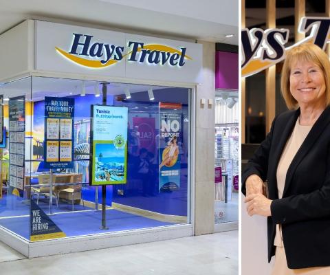 Hays Travel owner and chair Dame Irene Hays pictured with a Hays Travel store