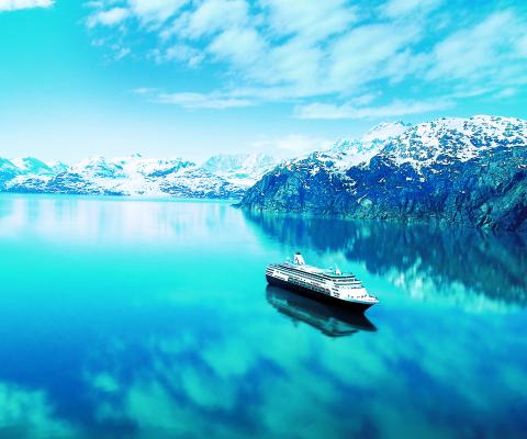 Holland America ship sailing in the Canadian Rockies. 