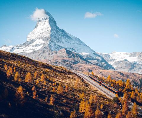 Train driving through autumnal landscape