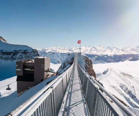 Narrow bridge going over a glacier 