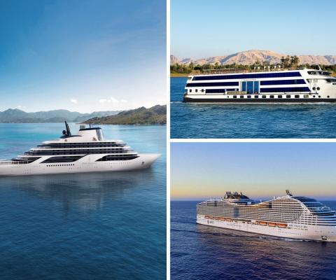 A collage of cruise ships from Four Seasons, Travelmarvel, and MSC Cruises