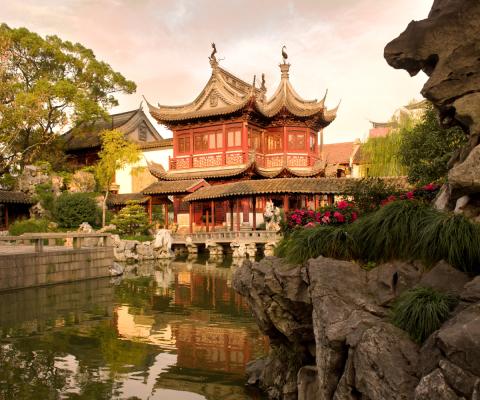 Scenic imagery of Chinese temple among trees