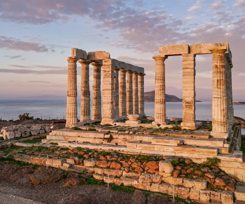 The Temple of Poseidon at Cape Sounion overlooking the Aegean Sea