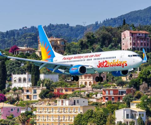 Jet2 plane landing in Corfu, Greece