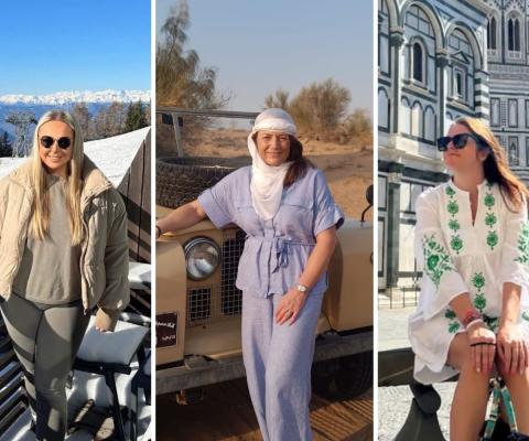 Three women in different backgrounds, all on holiday or travelling 