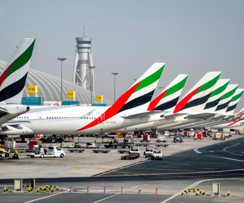 Emirates aircraft at the stand at Dubai International airport