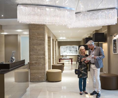 The hotel features a light and spacious lobby