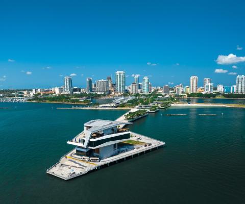 View of city skyline in St Pete. Clearwater, with large yacht in the foreground