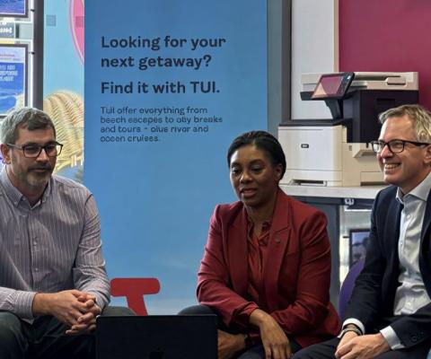 Sunlounger MD Iain Kirkbright (left) pictured with Kemi Badenoch and local MP James Wild