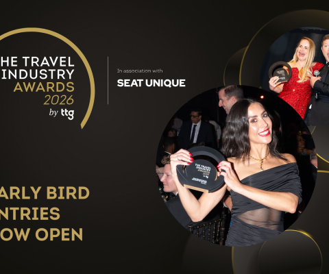 The image features a black and gold Travel Industry Awards design with the headline “Early Bird Entries Now Open” alongside photos of smiling award winners holding trophies at a awards ceremony alongside TV presenter Dermot O'Leary