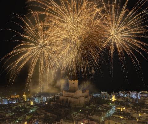 Fireworks over castle in Villena, Spain