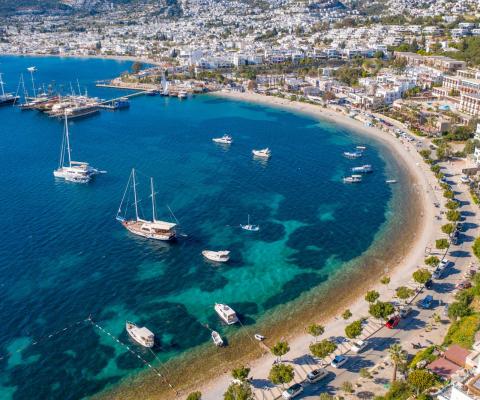 The coastline of Bodrum, Turkey, dotted with boats and yachts