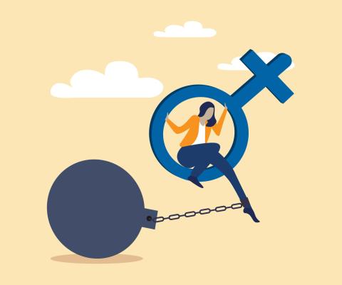 A woman pictured weighed down by a large weight