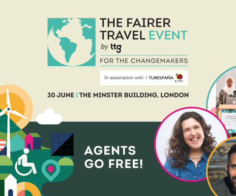 An event graphic with an illustrative landscape of a wind turbine, solar panel, and buildings. It features the event title: "The Fairer Travel Event by ttg FOR THE CHANGEMAKERS," in association with TURESPAÑA. Large text reads: "AGENTS GO FREE!" Also shown is the date: "30 June," the location: "The Minster Building, London," and photos of three speakers.