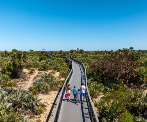 People walking along a boardwalk to the sea