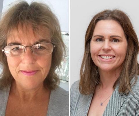 Two headshots of two different women, one with glasses and brown chin-length hair, one with shoulder-length brown hair and blazer 