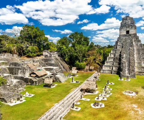 Archaeological site with ruins of ancient city in Guatemala 