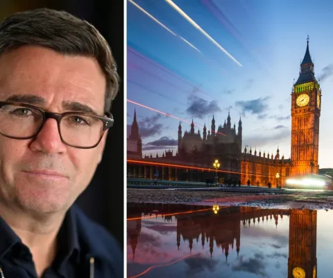 Split image of Andy Burnham next to London