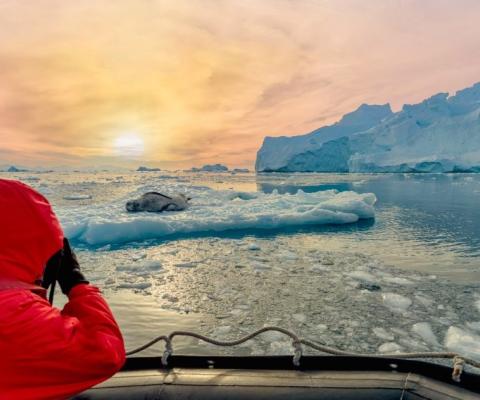 A person looking across the sea to an expedition cruise ship 