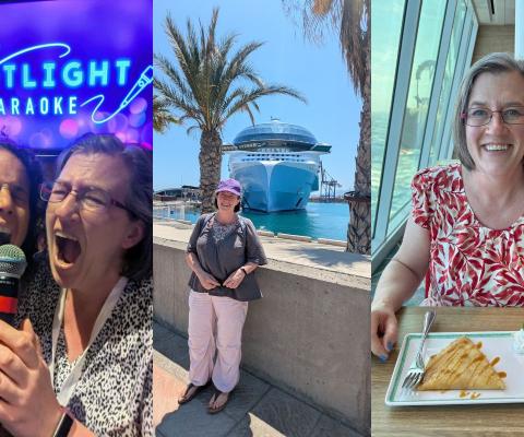 Photo collage of Lucy McRae and her friend singing karaoke, standing in front of a ship and eating a pancake