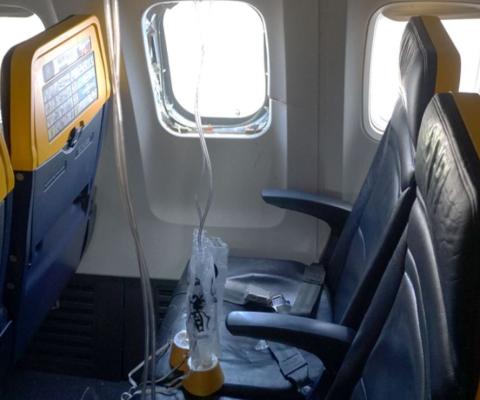 The scene inside the cabin on the stricken Ryanair flight