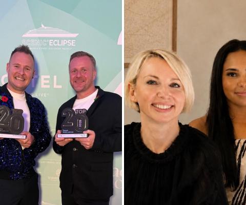 Split image, first of two men holding trophies and second of two women smiling