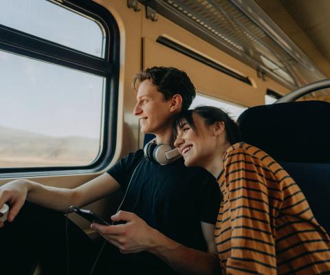 Young couple travelling by train