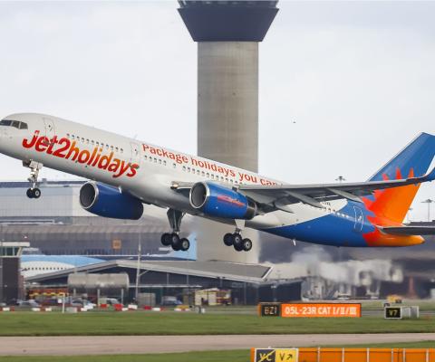 A Jet2 aircraft takes off from Manchester airport