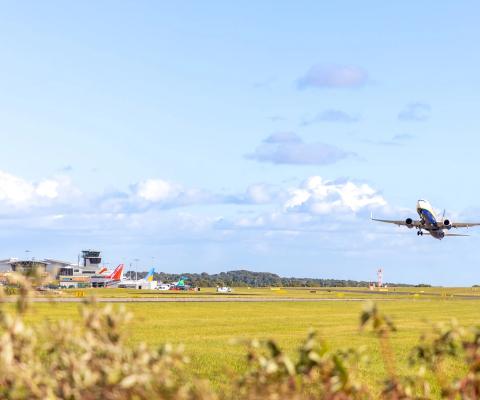An aircraft takes off from Leeds Bradford airport