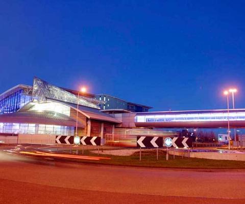 Manchester Airport Rail Station exterior night