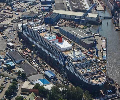 Aerial view of QM2 in dry dock
