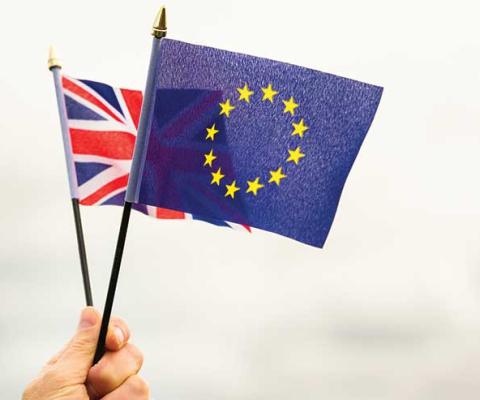 Brexit, Union Jack and EU flags iStock-534449694