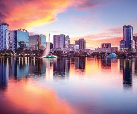Orlando, Florida downtown city skyline from Eola Park