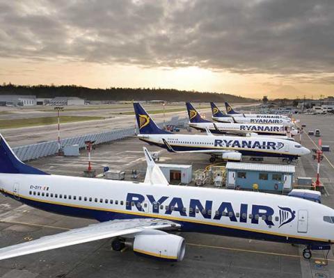Ryanair aircraft lined up on stands
