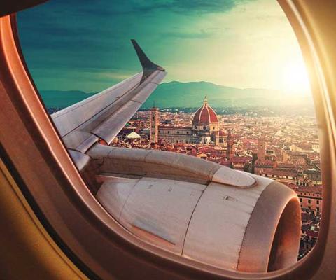 Mediterranean city through an aircraft window