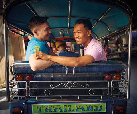 Thailand, tuk tuk and male couple
