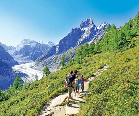 Family trekking in the Alps at Chamonix