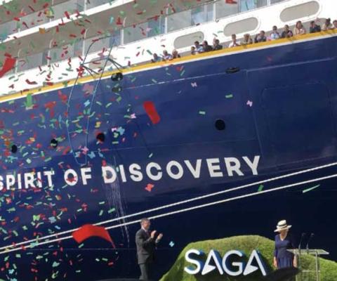 Camilla Duchess of Cornwall christens Saga Spirit of Discovery