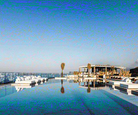 The pool area at Abaton sits between two stylish restaurants