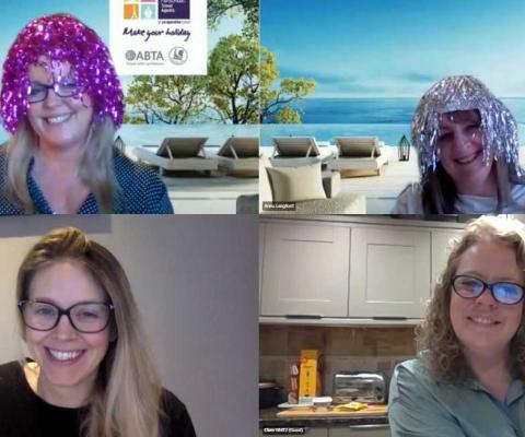 The Personal Travel Agents' Sheena Whittle and Anna Langford in their Wigs Of Wonder with TTG's Abigail Healy and Gold Medal's Clare Weatherall