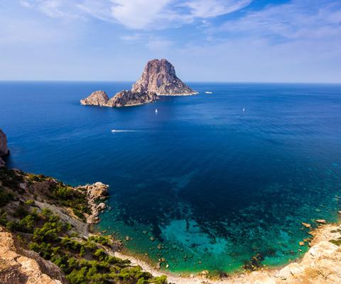 View of Es Vedra island off the south-west coast of Ibiza