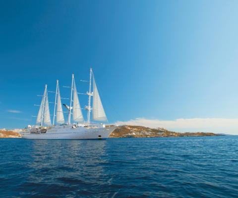 Wind Star pictured in Mykonos on its return cruise