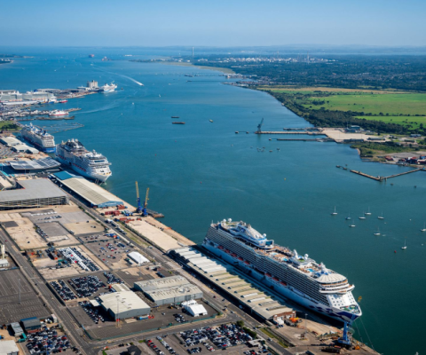 The view from Southampton’s western docks as five ships welcomed passengers