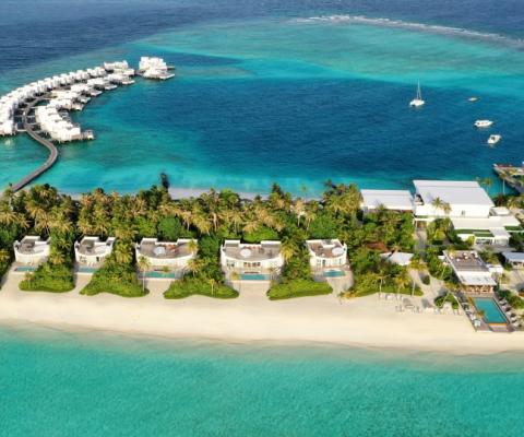 The new resort features 67 beach and over-water villas in one-, two- and three-bedroom configurations