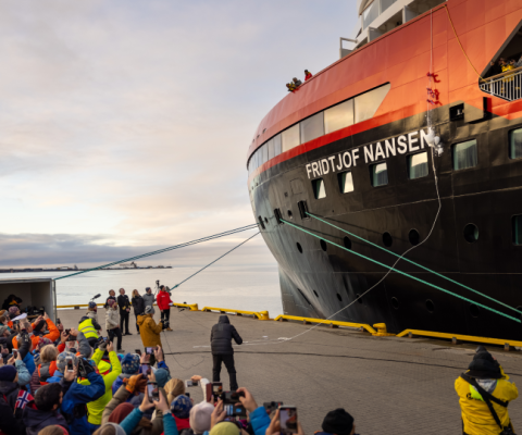A chunk of ice was crushed against the hull of the vessel as opposed to the traditional bottle of Champagne (Credit: Espen Mills)