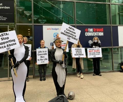 Protestors could be seen outside of the convention on Wednesday morning (13 October)