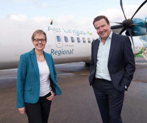 Aer Lingus' Lynne Embleton and Conor McCarthy from Emerald Airlines celebrate Air Lingus Regional flights going on sale