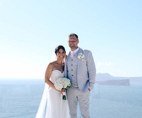 Advantage Travel Partnerships' Sonia Michaels and her husband James in Santorini on their wedding day