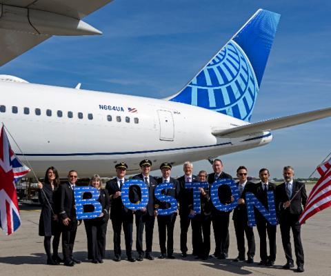 United employees and crew joined Bob Schumacher, UK and Ireland sales director, to welcome United Flight 24 from Boston to Heathrow