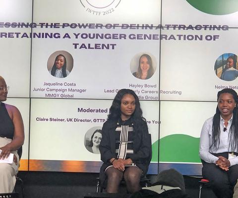 Paradis (left) on a panel at the Women in Travel forum